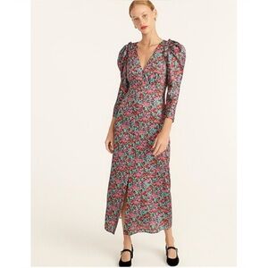 JCrew Drapey Puff-Sleeve Dress in Ratti Floral Red Blooms Multi - Size 10